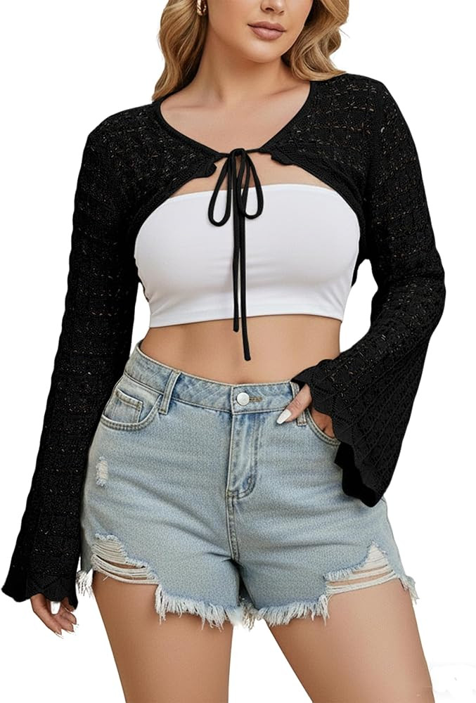 Yesfashion Women's Plus Size Hollow Out Crochet Tops Cropped Tie Front Bolero Bell Sleeve Shrug S... | Amazon (US)