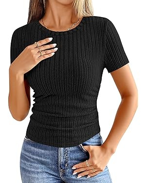 ANRABESS Womens Tops Short Sleeve Crewneck Shirts Slim Fit Ribbed Knit Lightweight Sweater 2026 S... | Amazon (US)