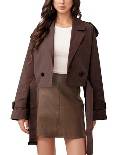 Xuehaya Womens Cropped Trench Coat Long Sleeve Belted Work Office Double Breasted Cropped Jacket(Brown-S) | Amazon (US)
