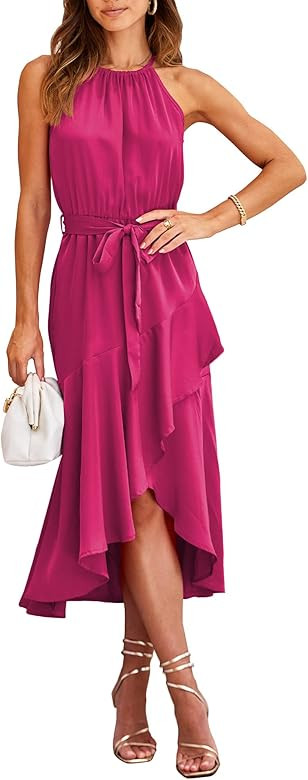 NOLLSOM Women's 2023 Summer Satin Dress Sleeveless Halter Neck Wrap Ruffle Dresses with Belt Soli... | Amazon (US)