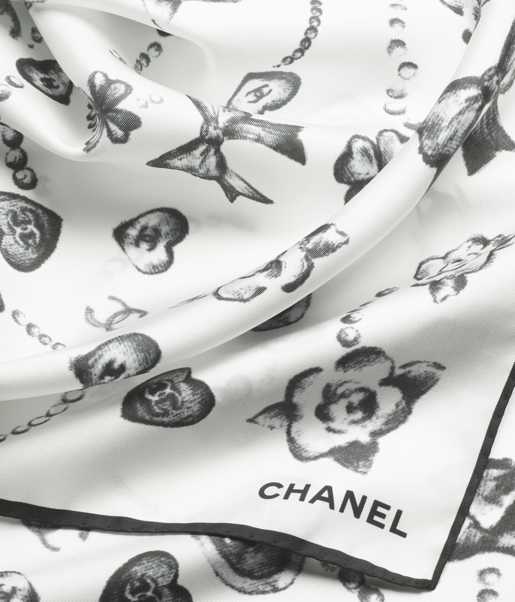 Square scarf - Silk twill, white & black — Fashion | CHANEL | Chanel, Inc. (US)