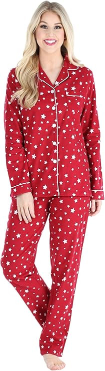 PajamaMania Women's Cotton Flannel Long Sleeve Button-Down Pajamas PJ Set | Amazon (US)