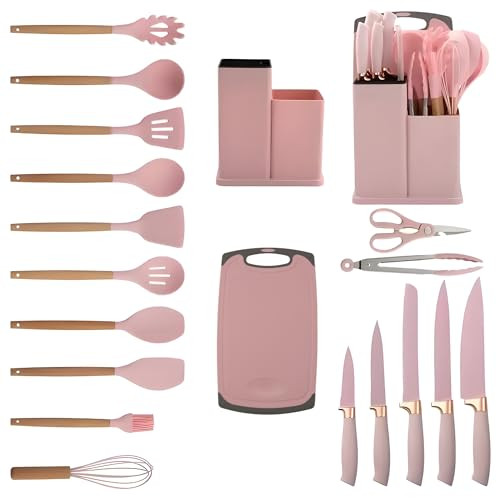 DANFFI 19-Piece Pink Kitchen Utensils Set - Silicone Cooking Utensils, Non-Toxic Spatula Set, Kitchen Tools, Cutting Board, Pink cooking utensils set | Amazon (US)