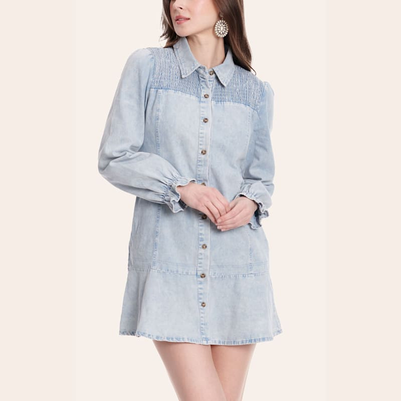 Newbury Kustom Women's Light Wash Denim Smocked Yoke Long Puff Sleeve Dress | Cavender's
