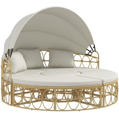Outsunny 4 Piece Round Outdoor Daybed with Canopy, Cushioned PE Rattan Patio Furniture Set, Cream White | Target