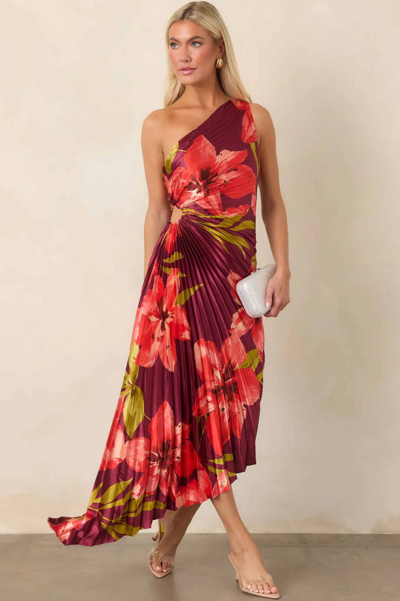 Poetic Charm Plum Hibiscus One Shoulder Pleated Satin Maxi Dress | Red Dress