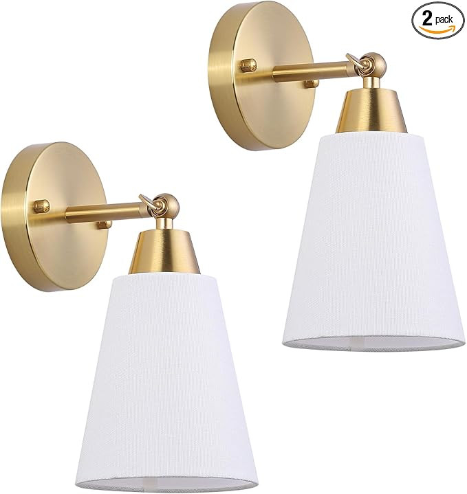 MWZ Gold Wall Sconce Set of Two,Modern Brushed Brass Sconces Lighting with White Fabric Shade,Bat... | Amazon (US)