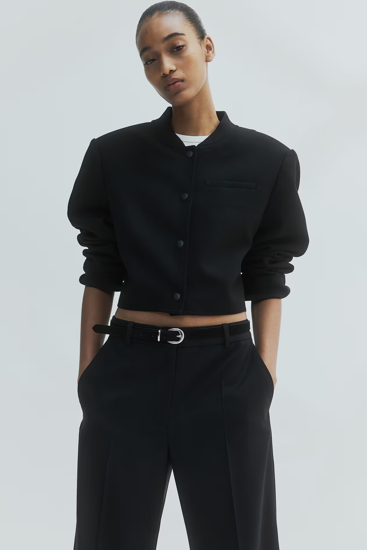 Short Jacket with Shoulder Pads - Round Neck - Long sleeve - Black - Ladies | H&M US | H&M (US + CA)