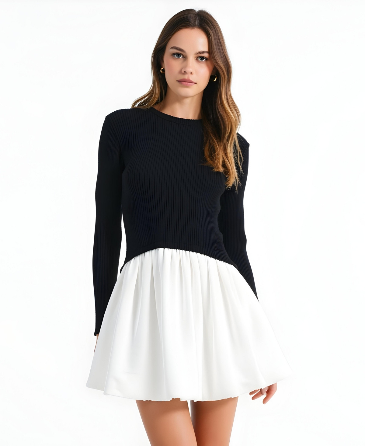 Modenaire Women's Ribbed Long-Sleeve Fit-and-Flare Mini Dress - Black/white | Macy's