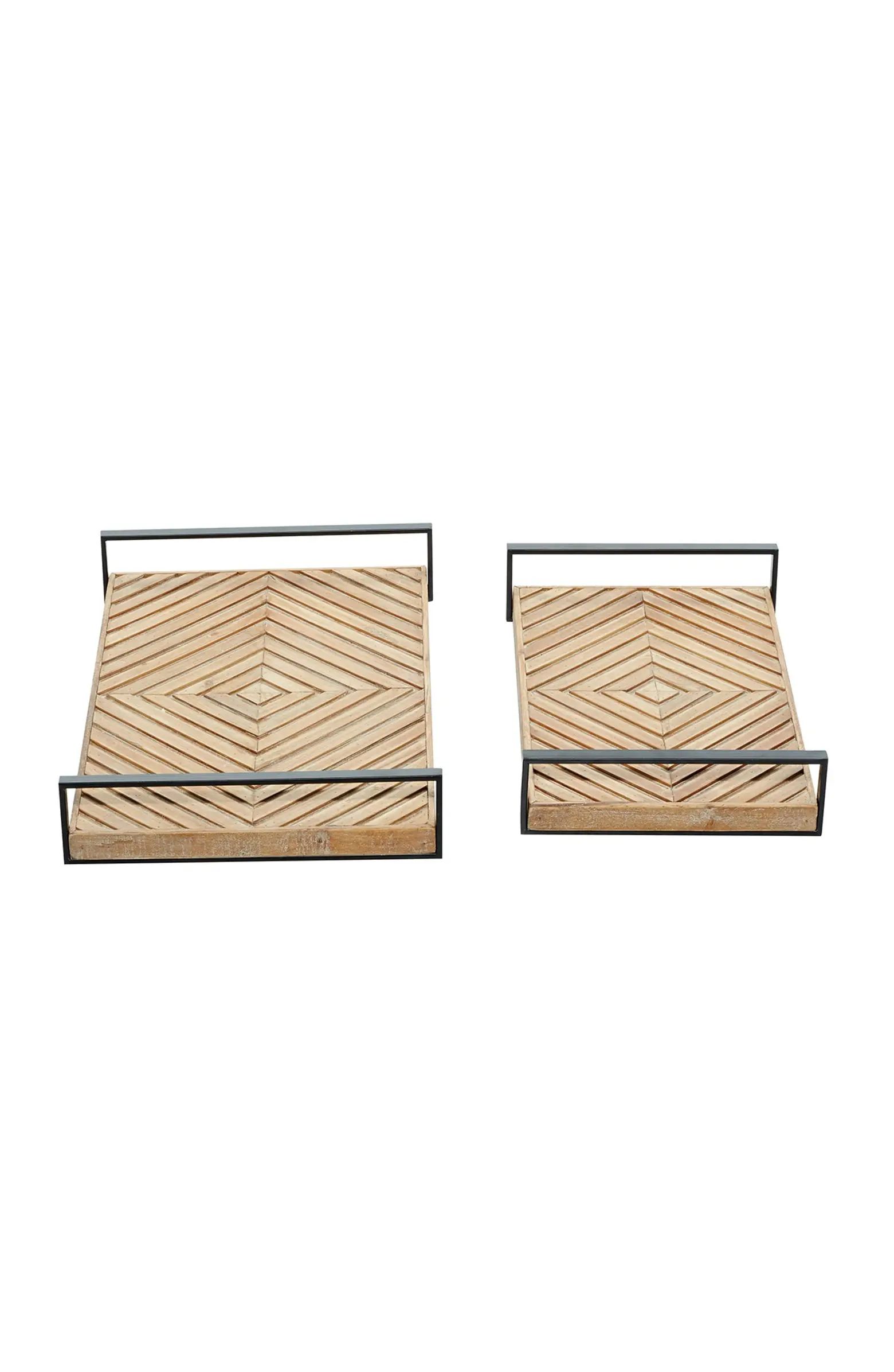 Brown Wood Diamond Pattern Tray with Black Handles - Set of 2 | Nordstrom Rack