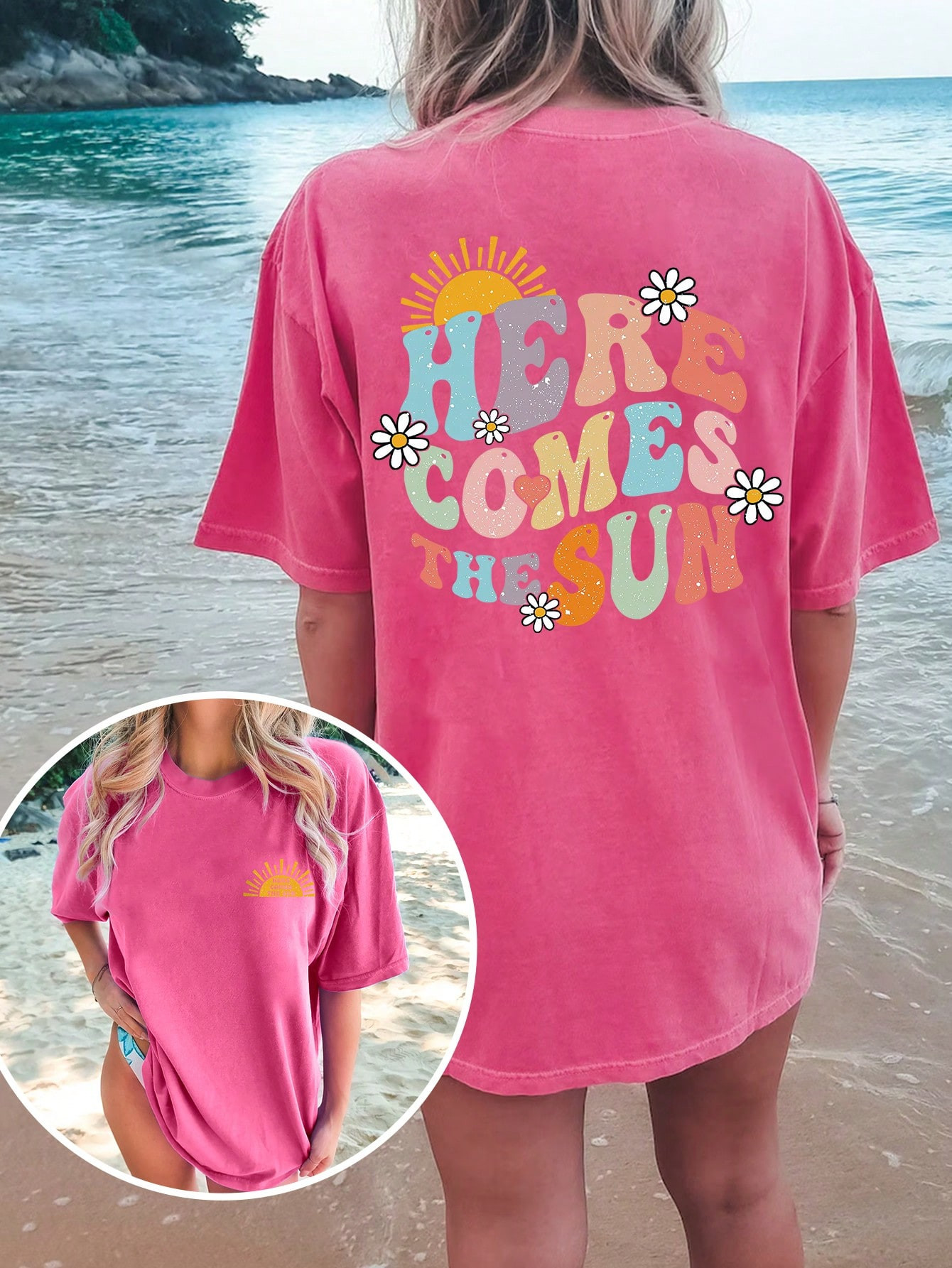 SHEIN EZwear Women Summer Floral Printed Round Neck Short Sleeve Casual T-Shirt With Slogan HERE ... | SHEIN