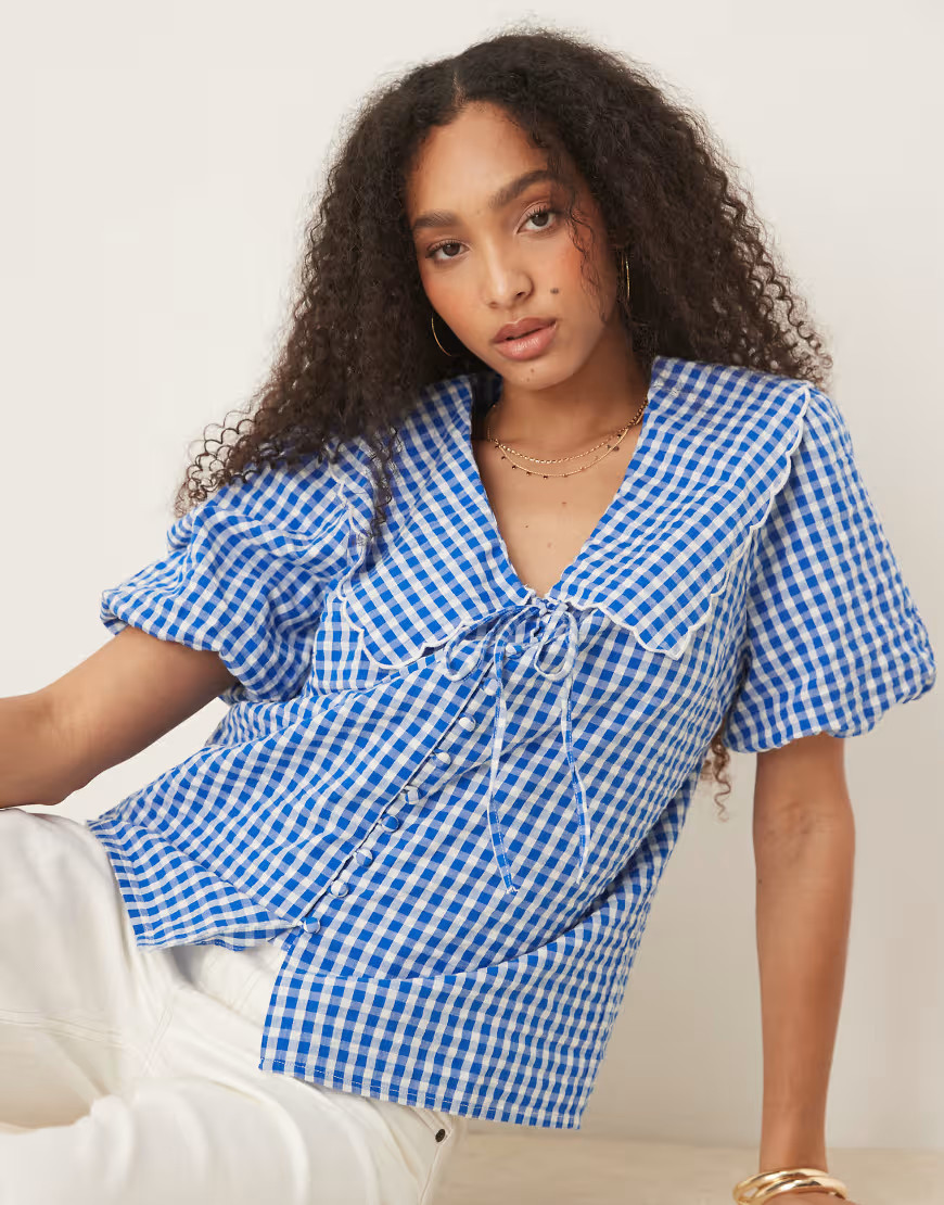 Nobody's Child Birdie collared puff sleeve top in blue gingham-Multi | ASOS (Global)