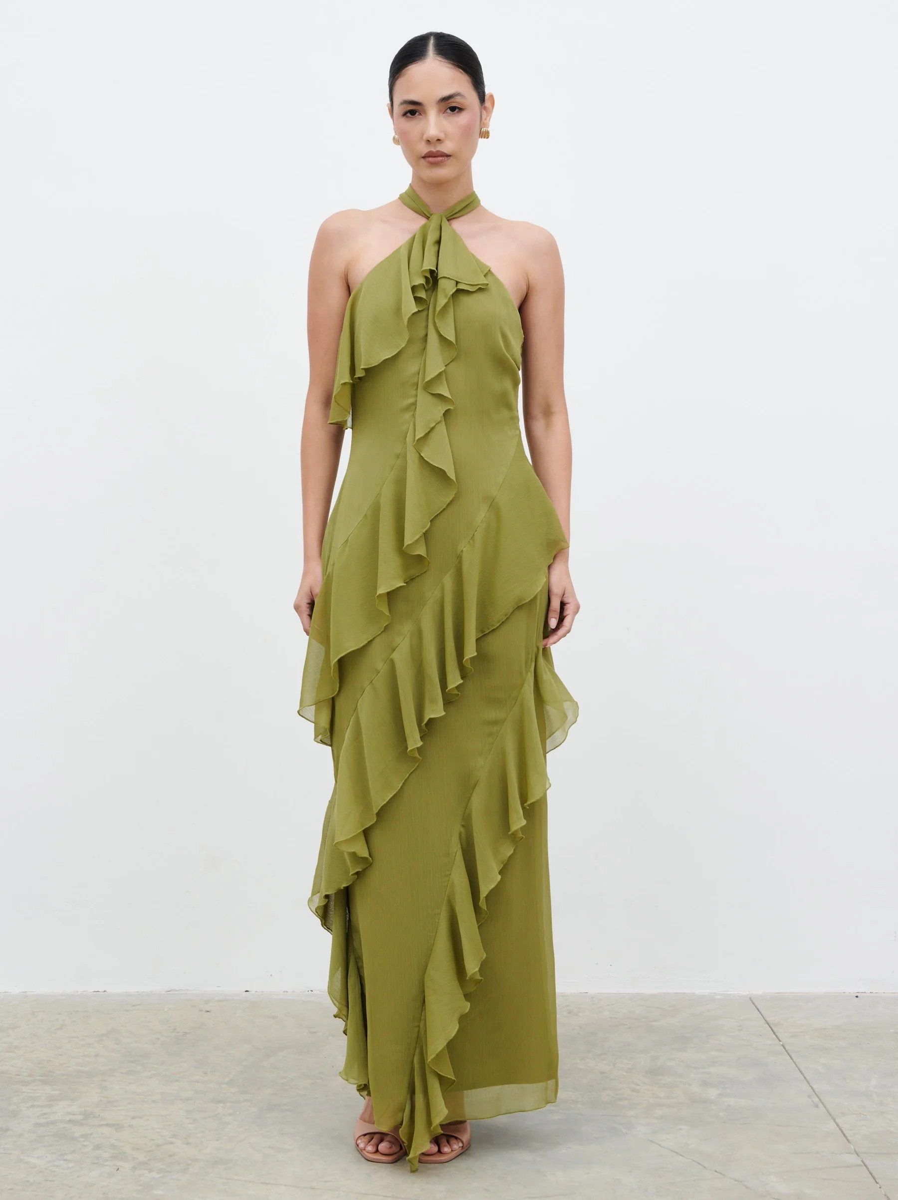 Aria Halterneck Ruffle Maxi Dress - Dark Olive | Pretty Lavish (UK)