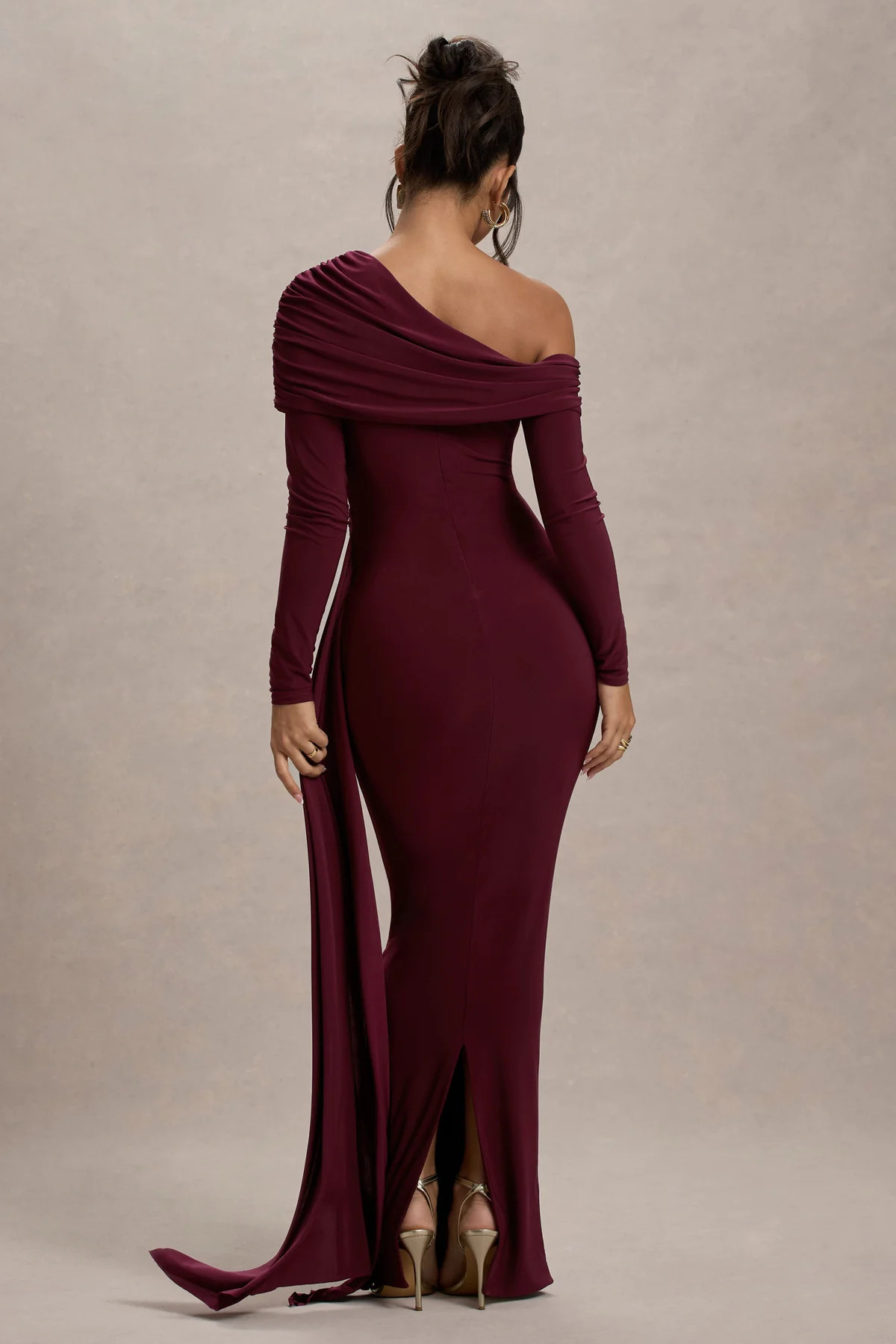 Valina | Burgundy Ruched Asymmetric Maxi Dress With Drape | Club L London