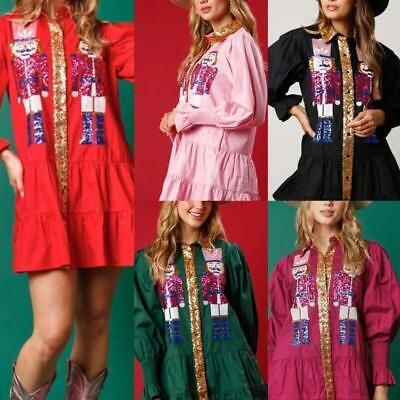 Nutcracker Christmas Contrast Color Long Sleeves Lapel Sequins Dress Women  | eBay | eBay US