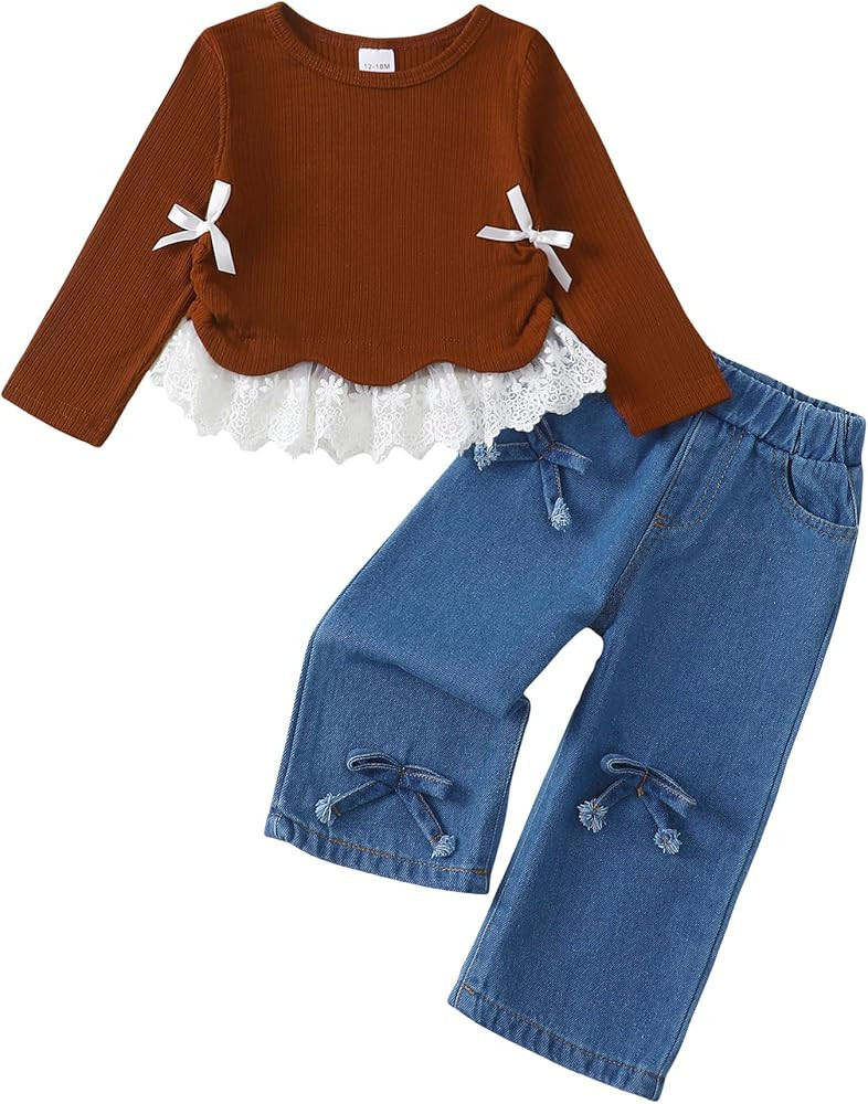 Kucnuzki Toddler Kids Girl Clothes Long Sleeve Shirt Tops Baggy Jeans Cute Pants Set Baby Girl Ou... | Amazon (US)