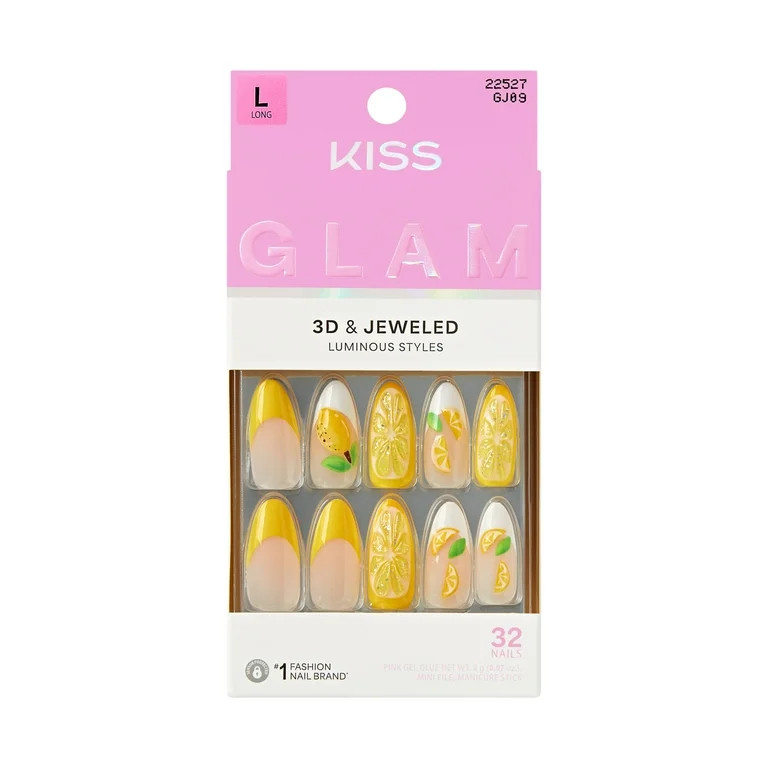 KISS GLAM 3D & Jeweled Press On Nails  Almond, ‘Cherish the Moment’, Yellow, Long, 32 Count | Walmart (US)