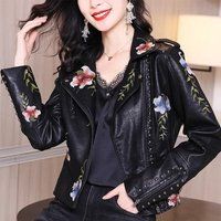 Vintage Faux Leather Jacket With Floral Hand Embroidery, Black Moto Jacket, Bridal Boho Embroidery E | Etsy (US)