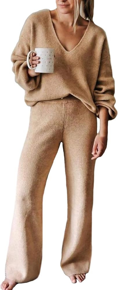 Women's Plus Size 2 Piece Solid Color V Neck Ribbed Matching Sweatsuit Lounge Pajamas Set Leisure We | Amazon (US)