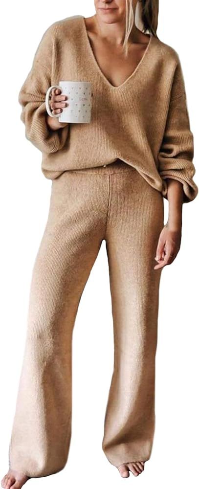 Women's Plus Size 2 Piece Solid Color V Neck Ribbed Matching Sweatsuit Lounge Pajamas Set Leisure We | Amazon (US)