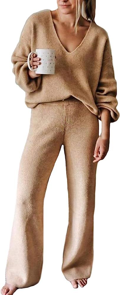 Women's 2 Piece Knit Sweatsuits Long Sleeve Button Henley Sweater Top and Wide Leg Pants Outfits ... | Amazon (US)