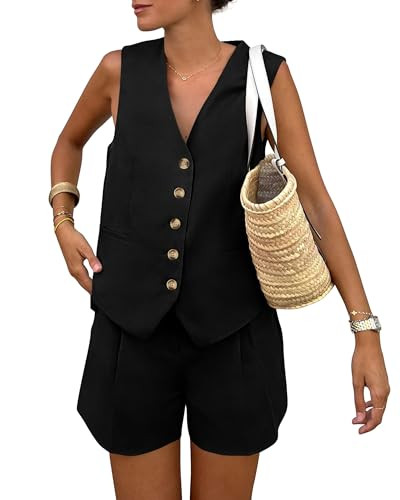 PRETTYGARDEN Women's 2 Piece Summer Matching Sets Button Front V Neck Vest Waistcoat Sleeveless Tops and Shorts with Pockets (Black,Medium) | Amazon (US)