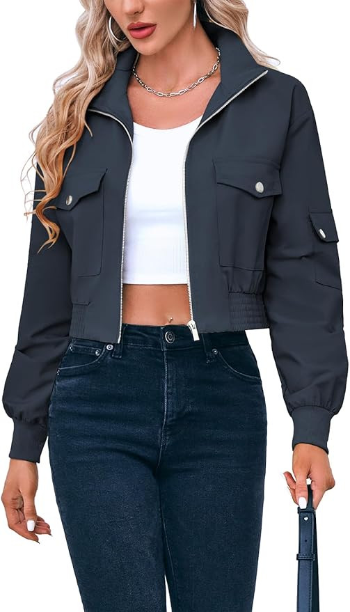Fisoew Women's Cropped Bomber Jackets Lightweight Zip Up Stand Collar Long Sleeve Short Jacket wi... | Amazon (US)