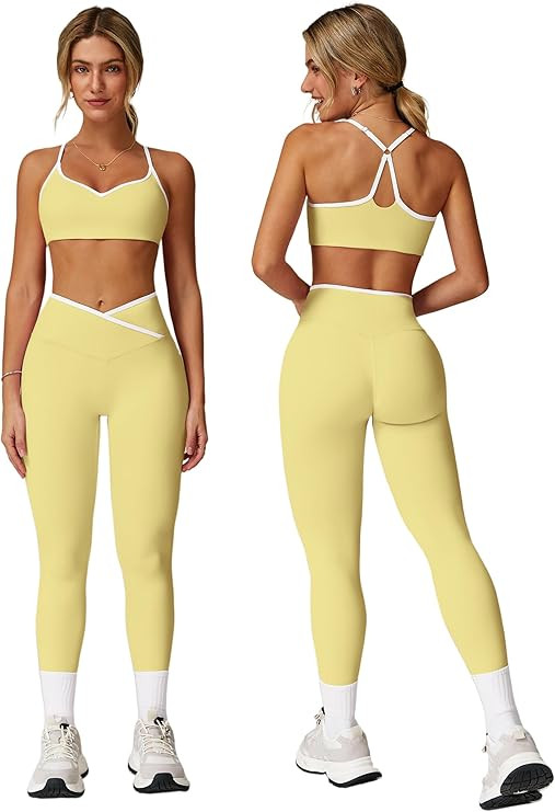 ABOCIW Workout Sets for Women 2 Piece Color Block Strappy Sports Bra High Waist Shorts Gym Yoga P... | Amazon (US)