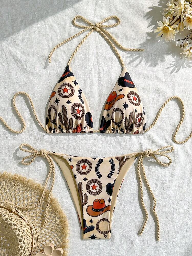 2026 Retro Western Cowboy Print Halter Tie-Up Sexy Bikini Swimwear For Women Vacation Beach Summe... | SHEIN