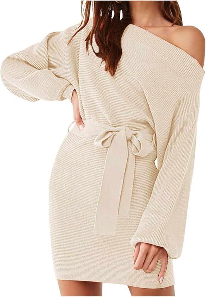 Meenew Women's Off Shoulder Long Sleeve Sweater Dress Tie Waist Mini Dress | Amazon (US)