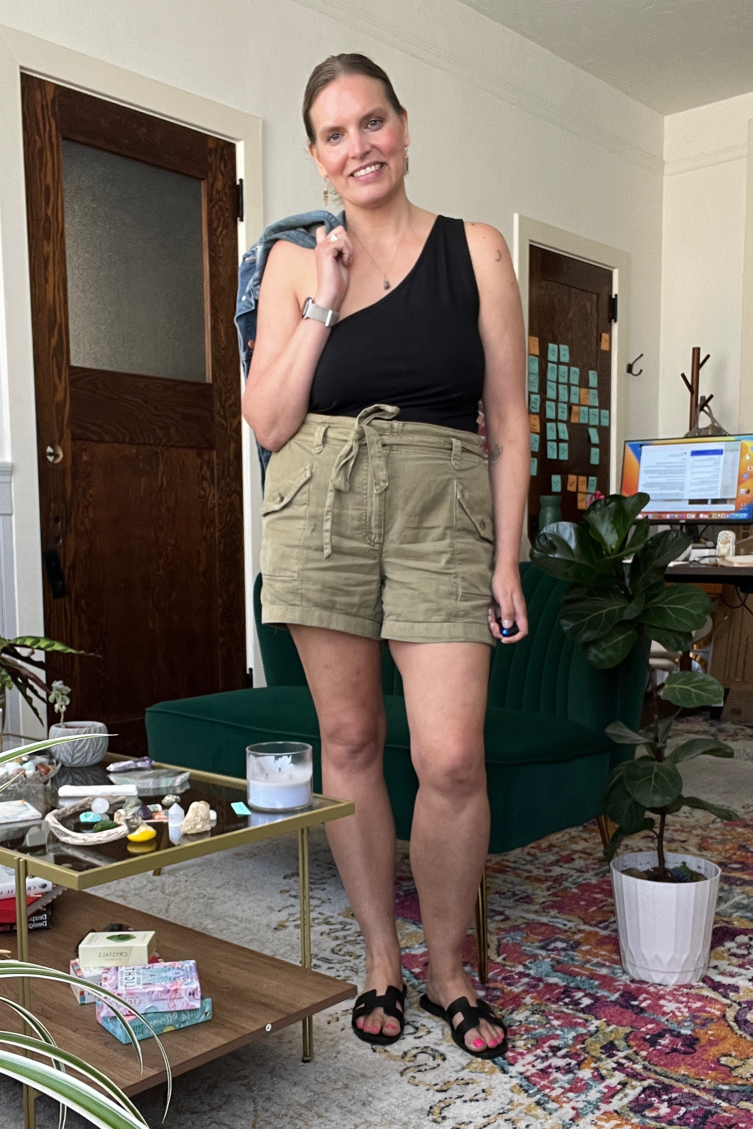 Outfit formula: one shoulder top, paper bag shorts and sandals 

#LTKcurves #LTKSeasonal #LTKstyletip