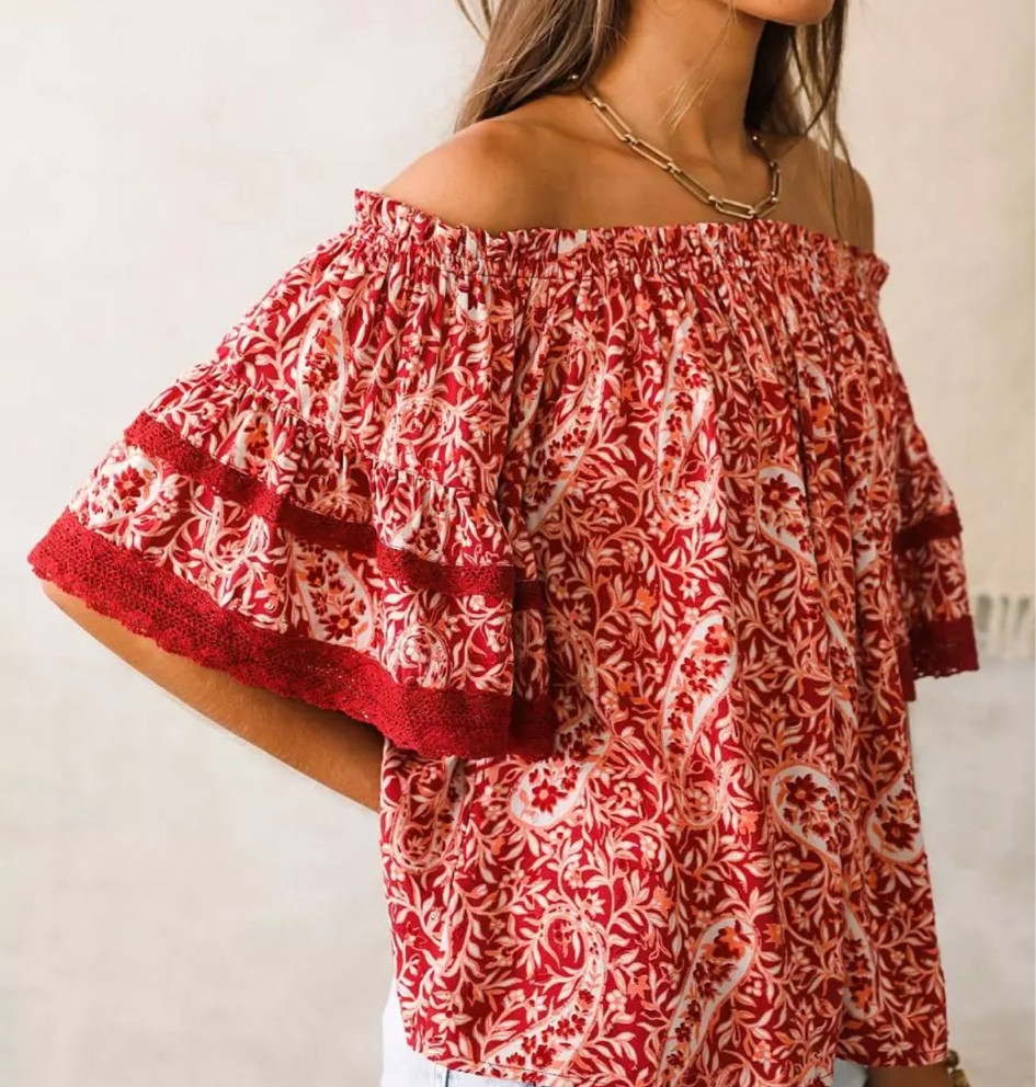 Super cute off shoulder red blouse from Buckle on sale for under $20!Perfect for fall! 

#LTKFindsUnder50 #LTKSaleAlert #LTKSeasonal