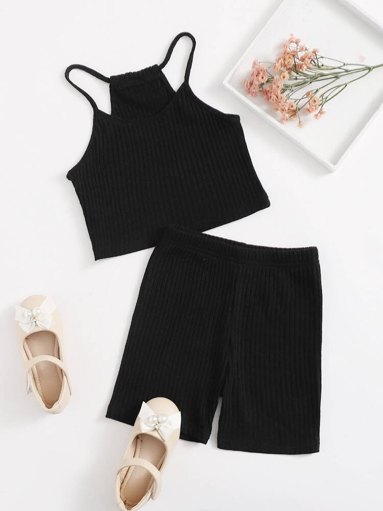 Toddler Girls Rib-knit Halter Top With Biker Shorts | SHEIN