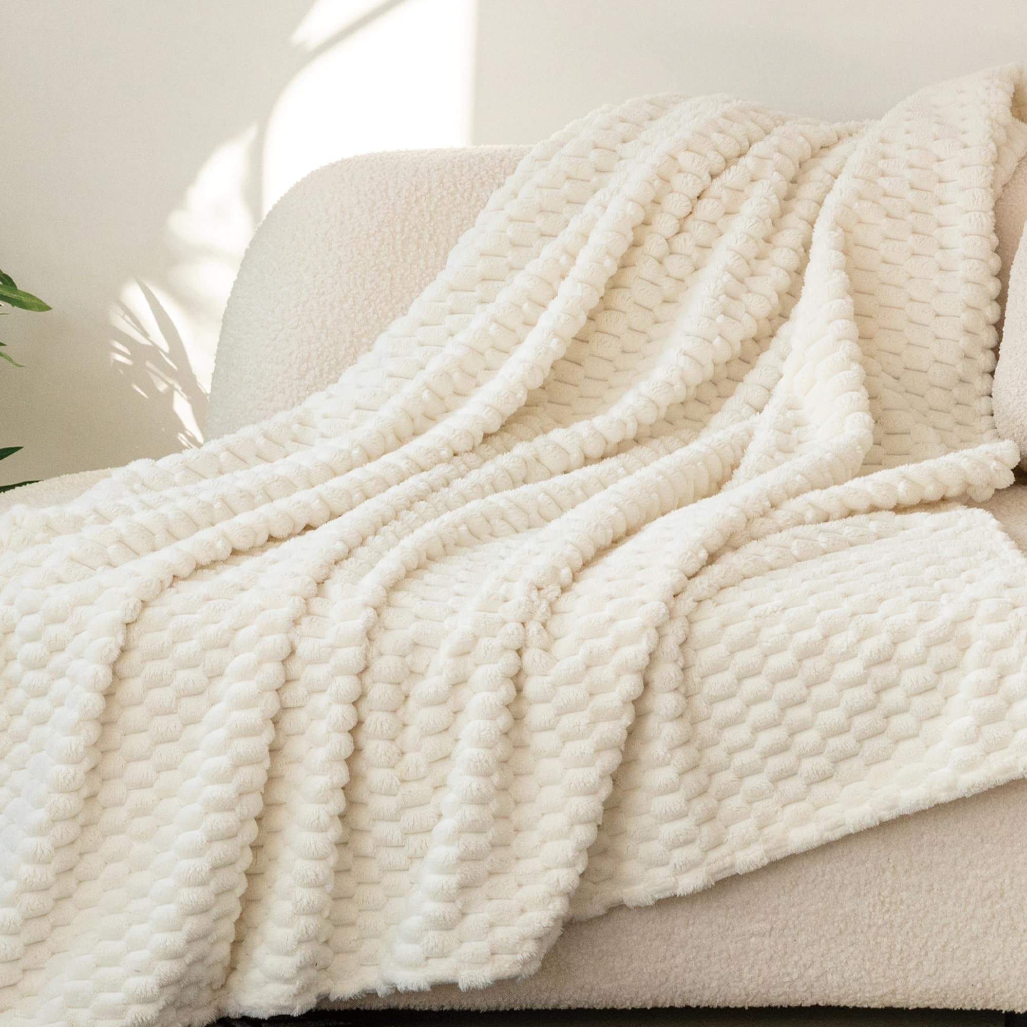 Super Soft Fleece Twin Blanket 50x70 Inches for Couch, Premium Silky with 3D Imitation Turtle Shell Jacquard Decorative Blankets, Lightweight and Cozy for Sofa.Ivory | Amazon (US)