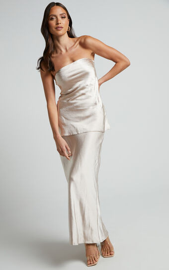 Sofia Two Piece Set - Strapless Top and Midi Slip Skirt Satin Set in Oyster | Showpo (ANZ)
