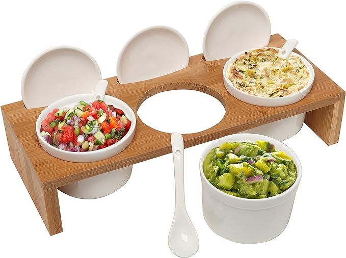 Amazon.com | MyGift Wooden Condiment Set, Ceramic Dip Bowls, Sauce Ramekins 3 Piece Set with Lids... | Amazon (US)