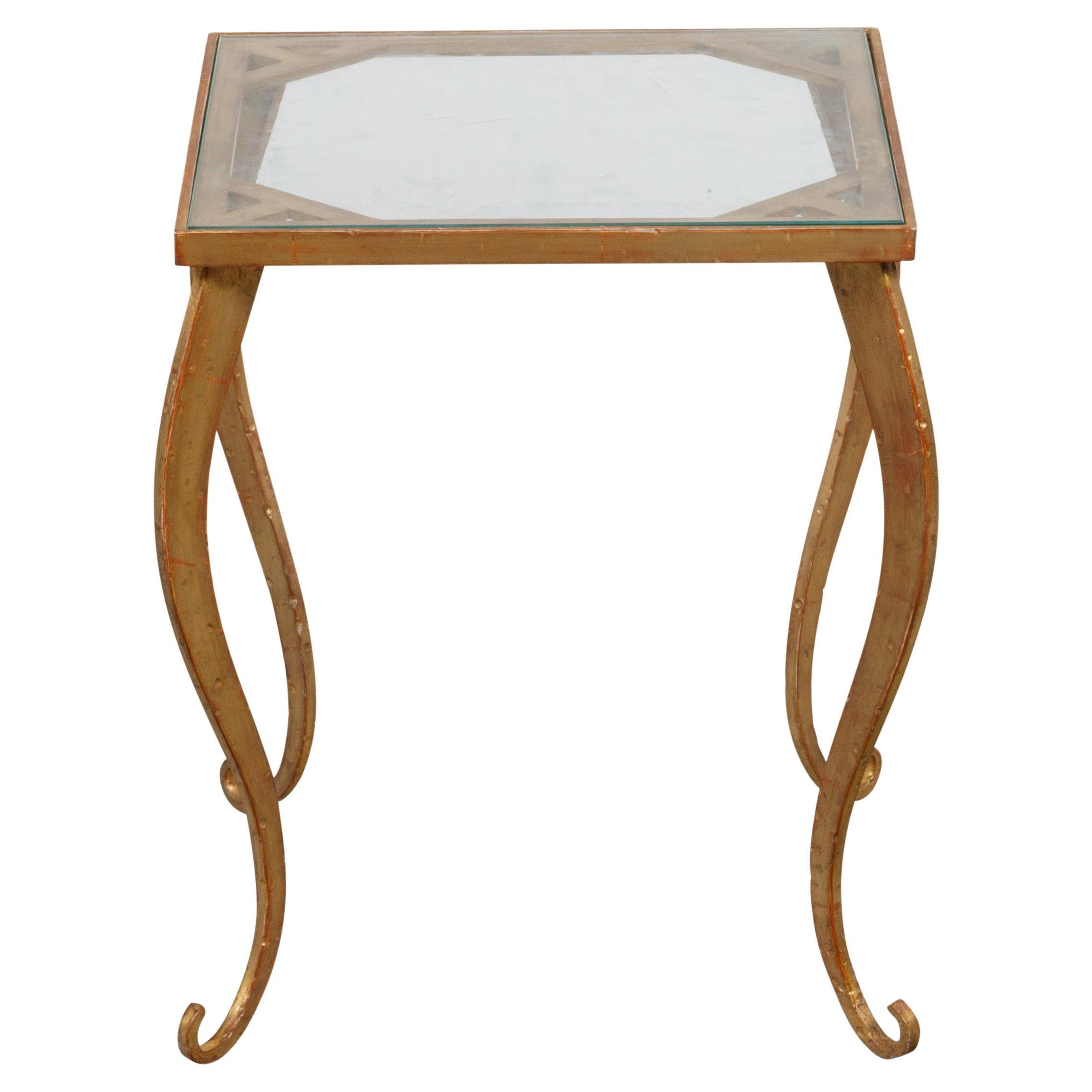 French Mid-Century Gilt Metal Side Table with Square Glass Top and Cabriole Legs | 1stDibs