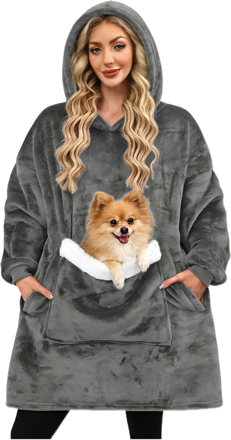 Wearable Blanket Hoodie Gifts for Women Men, Oversized Blanket Sweatshirt Cozy Fleece Blanket with Dog Giant Pocket | Amazon (US)
