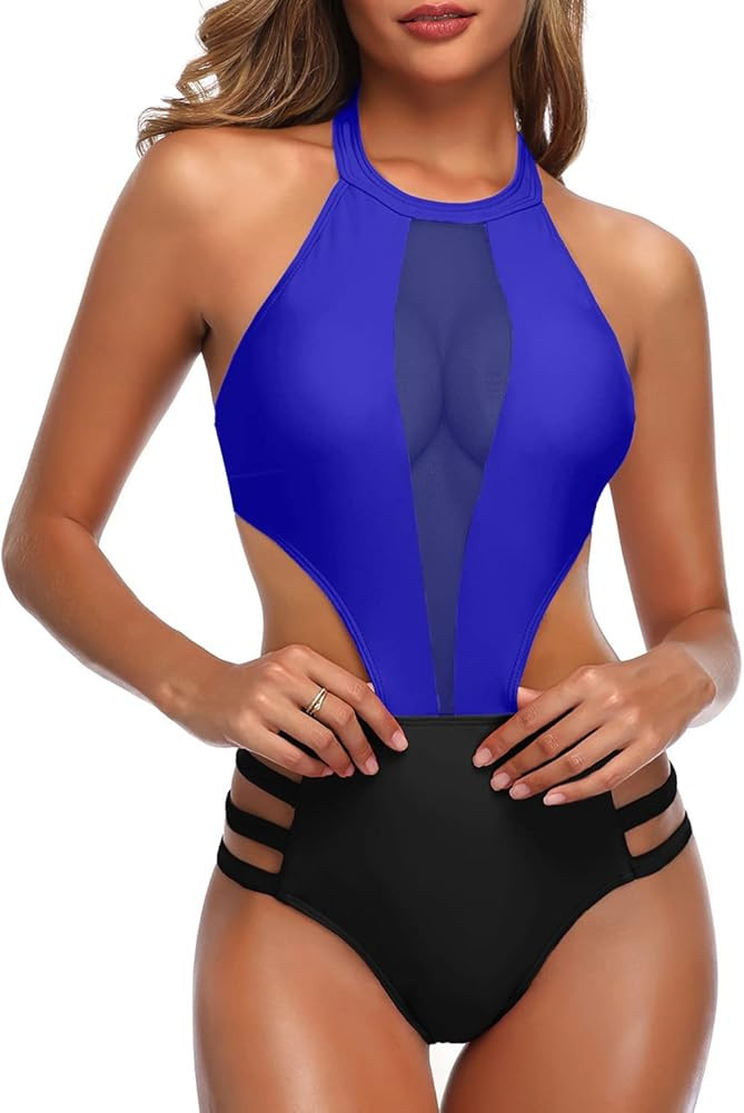 Tempt Me Women One Piece Mesh Swimsuit High Neck Halter Cutout Monokini Swimwear | Amazon (US)