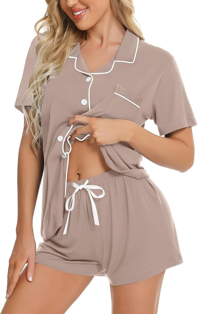 SWOMOG Womens Button Down Pajamas Set Short Sleeve Sleepwear Bride Soft Pj Lounge Sets XS-3XL | Amazon (US)