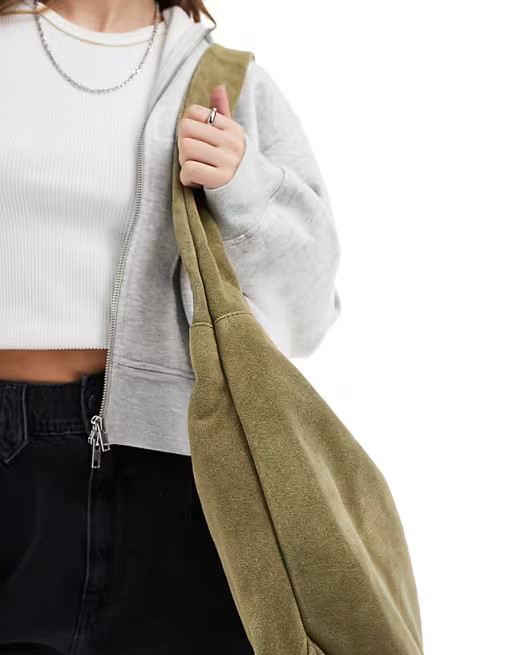 ASOS DESIGN suede sling tote bag in khaki | ASOS (Global)