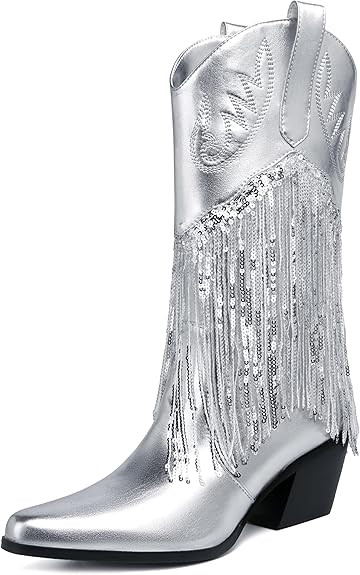 Fringe Cowboy Boots for Women Metallic Cowgirl Mid-Calf Boots Sexy Embroidered Chunky Pointed Toe... | Amazon (US)