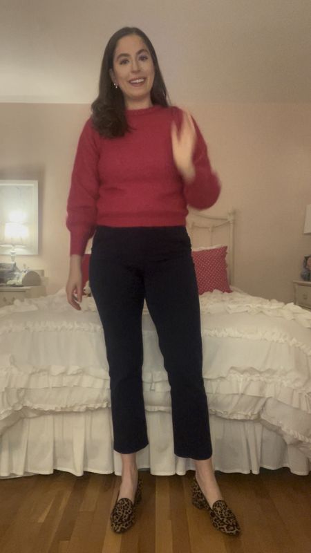 Workwear, winter to spring transition outfit, pink sweater, sezane, Parisienne style, French style, Parisienne brand, work pants, comfortable work pants, high waisted work pants, leopard loafers, cheetah loafers, Sarah flint, tall work pants, office outfit, business casual, office style

#LTKworkwear #LTKVideo #LTKstyletip