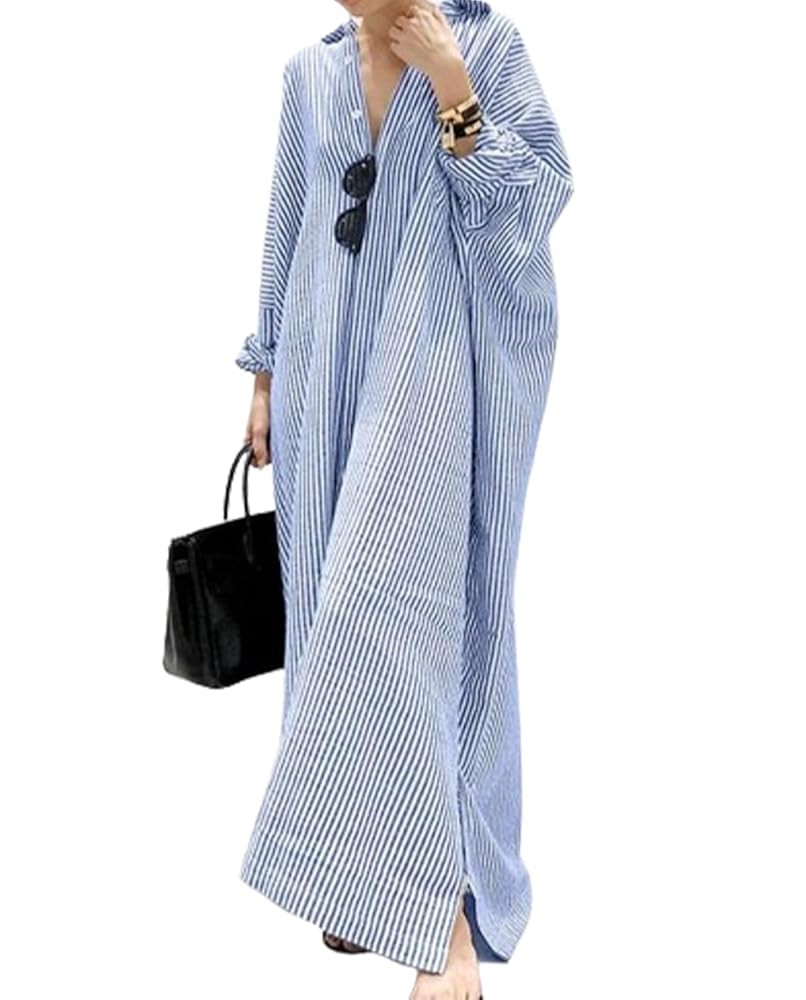 Women's Spring Button Down Cotton Linen Shirt Dress Summer Loose Fit Flowy Side Slit Stripes Maxi... | Amazon (US)