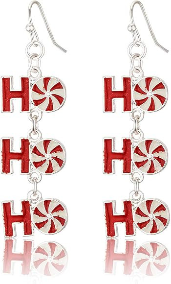 RareLove Christmas Cute HoHoHo Pierced Dangle Earrings Red Candy Cane Color Silver Plated Alloy H... | Amazon (US)