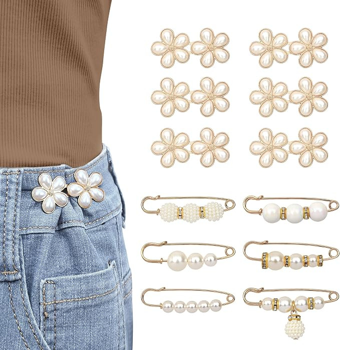 12 Pcs Pearl Pin-Style Waist Tighteners Decorative Brooch Clips Safety Pin | Amazon (US)