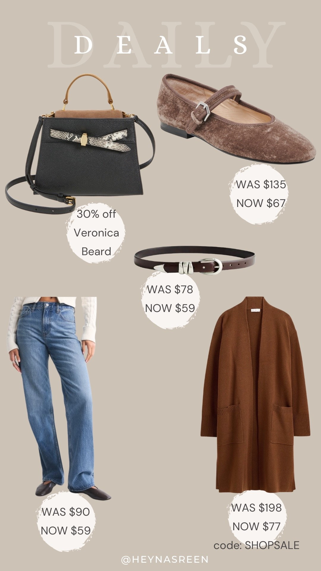 Daily deals on Veronica Beard bag, Dolce Vita flats, Madewell belt, Abercrombie high rise loose jeans, J.Crew sweater blazer 