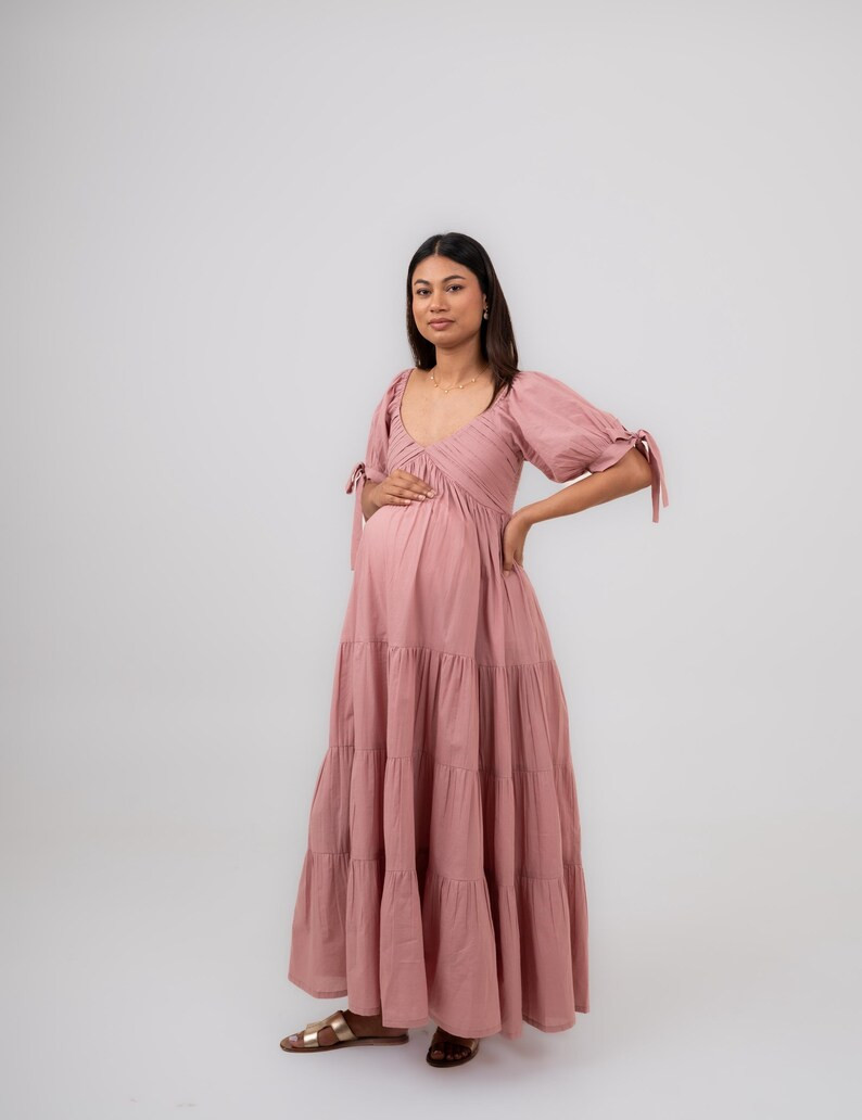 Maternity Cotton Maxi Dress | Deep V Neck | Puff Sleeve | Smocked Back | Flowy Dress - Etsy | Etsy (Global)