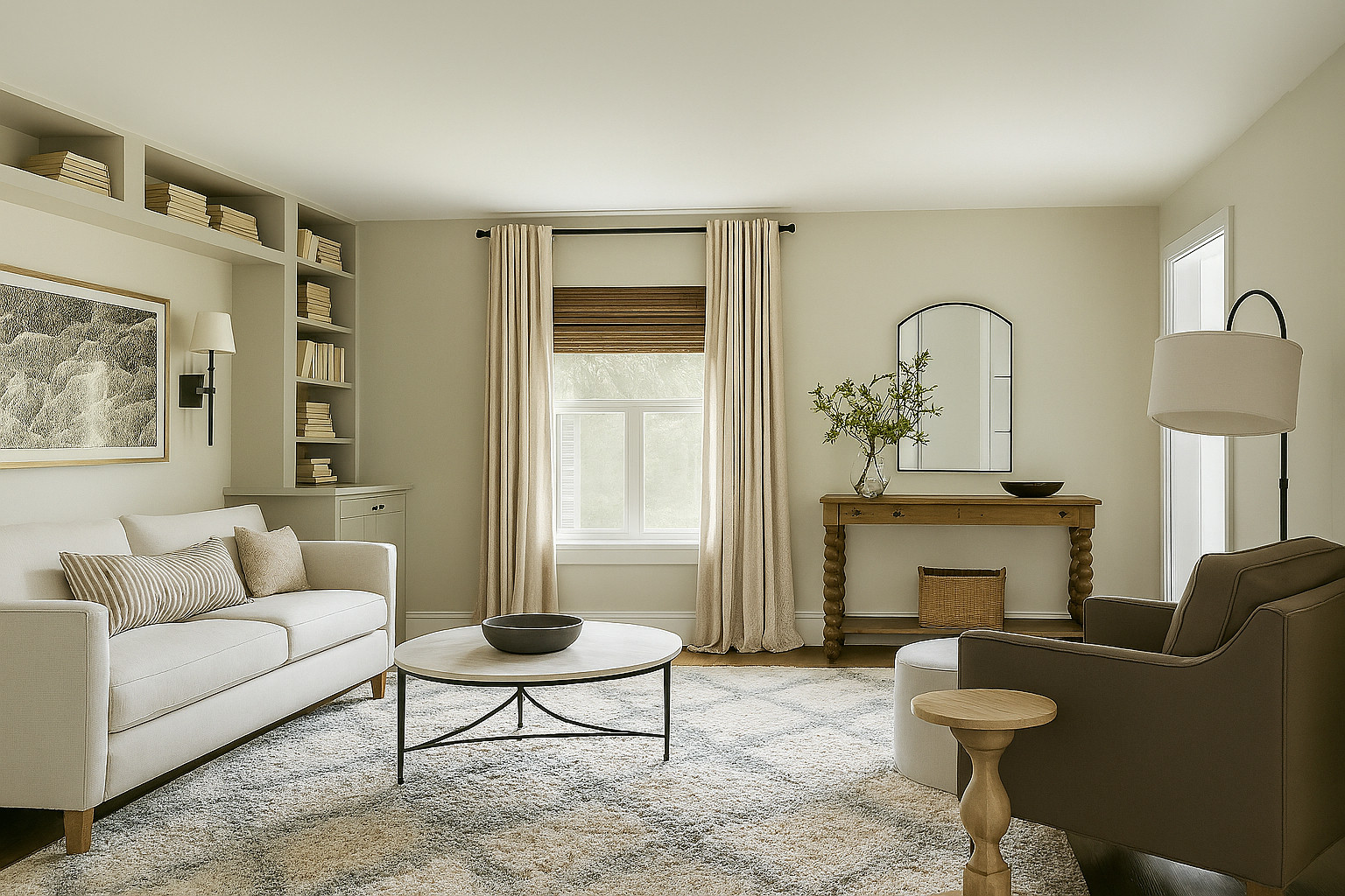  Neutral living room inspiration 🤍
Shop this warm neutral living room featuring a tailored sofa, accent chair, round coffee table, soft neutral area rug, custom built-in shelves, linen drapery panels, wood console table, arched mirror, and floor lamp.

This space is perfect for modern transitional homes, family-friendly living rooms, cozy luxury interiors, and anyone who loves layered neutrals, organic textures, and a calm, timeless design. All pieces are linked and shoppable ✨

 

#LTKHome