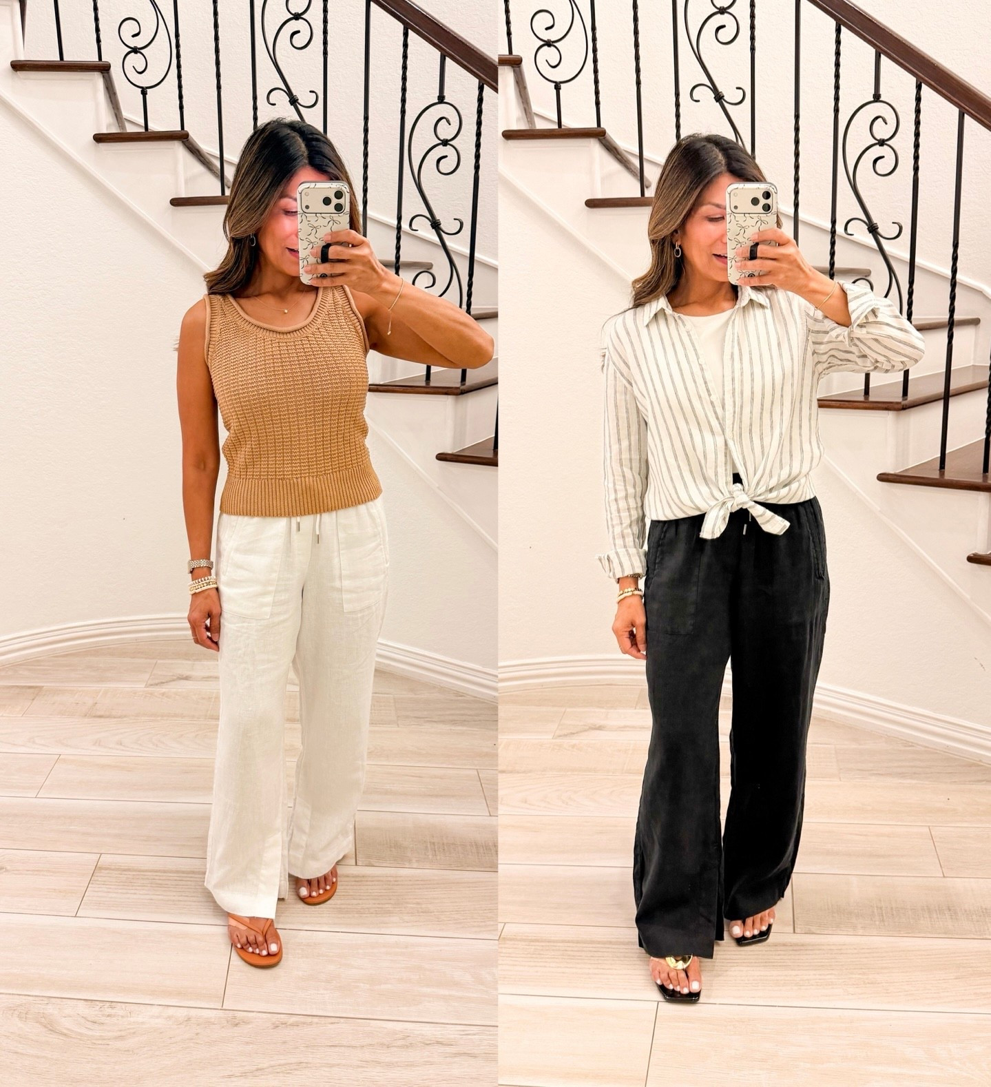 I’m 5’2” 118#ish for reference 
Linen pants in size XS shirt length(length options).
Knit tank top in small tts.
Striped button down shirt in small tts.
White fitted tee in small tts.
Both sandals fit tts.
Style inspo, Europe outfit, over 50 women,
Petite fashion.


#LTKSaleAlert #LTKPetite #LTKOver40